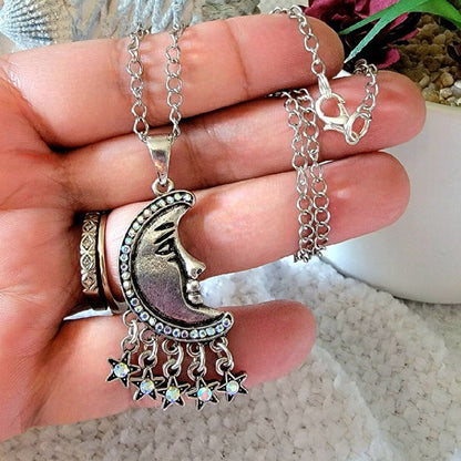 Boho Chic Silver Crescent Moon Necklace, Moon Phase Pendant, Radiant Half Moon and Stars Jewelry