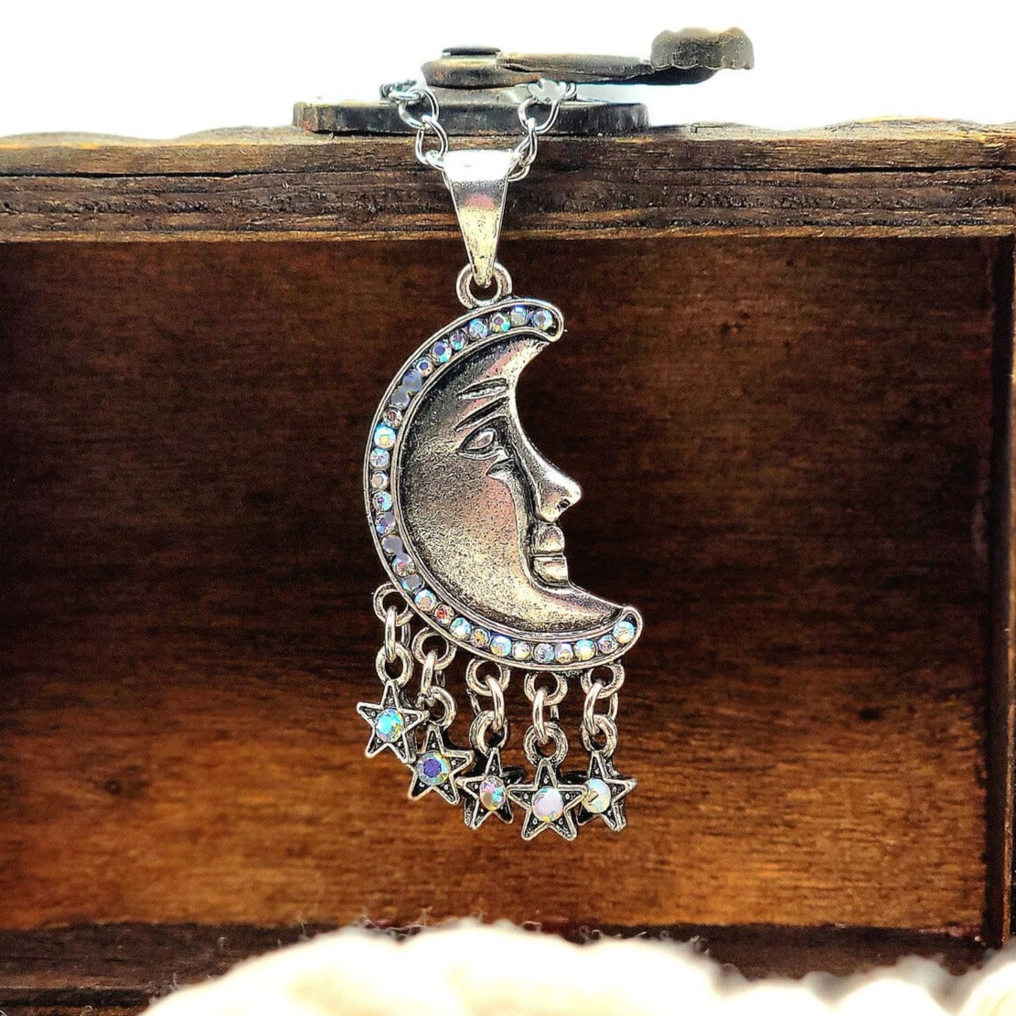 Boho Chic Silver Crescent Moon Necklace, Moon Phase Pendant, Radiant Half Moon and Stars Jewelry