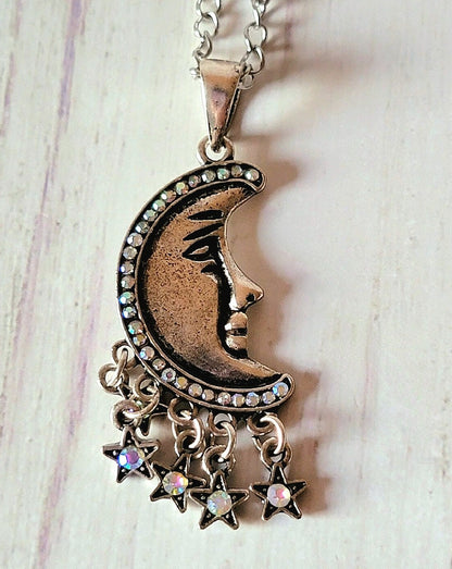 Boho Chic Silver Crescent Moon Necklace, Moon Phase Pendant, Radiant Half Moon and Stars Jewelry