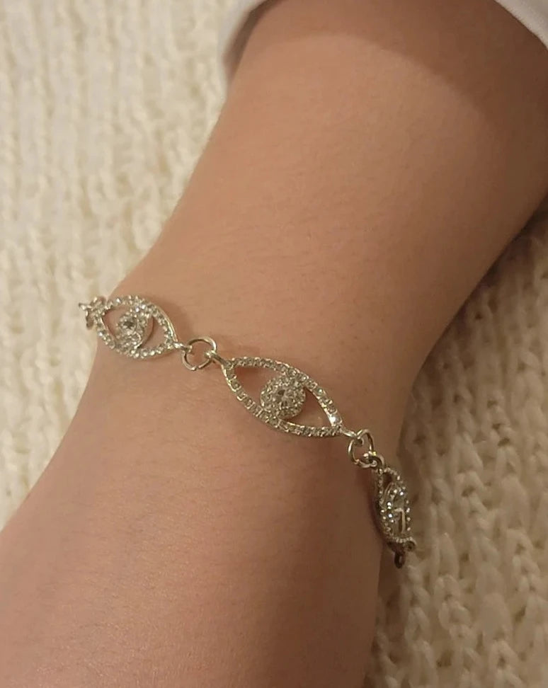 Silver Eye Rhinestone Bracelet, Elegant Wrist Adornment, Dainty Protective Eye Accessory