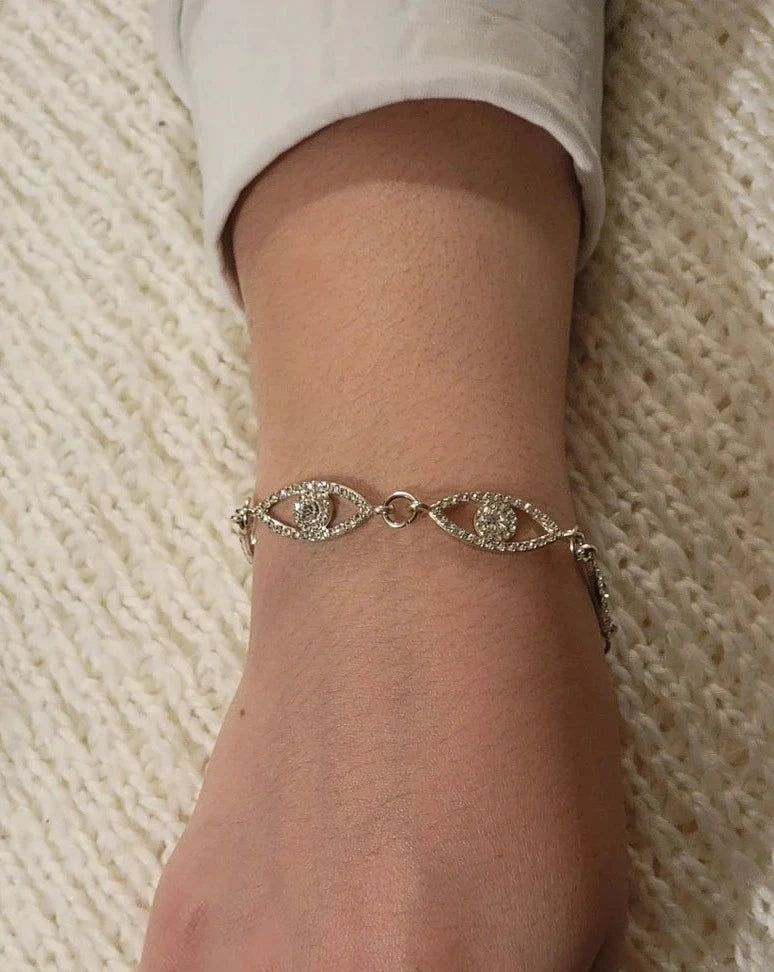 Silver Eye Rhinestone Bracelet, Elegant Wrist Adornment, Dainty Protective Eye Accessory