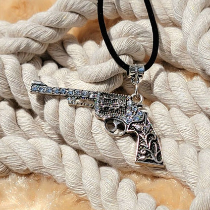 Antique Design Silver Revolver Rhinestone Necklace, Edgy & Glamorous Female Bond Style Pendant