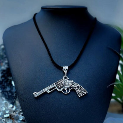 Antique Design Silver Revolver Rhinestone Necklace, Edgy & Glamorous Female Bond Style Pendant