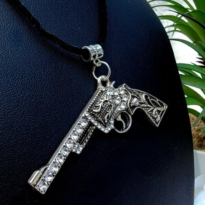 Antique Design Silver Revolver Rhinestone Necklace, Edgy & Glamorous Female Bond Style Pendant