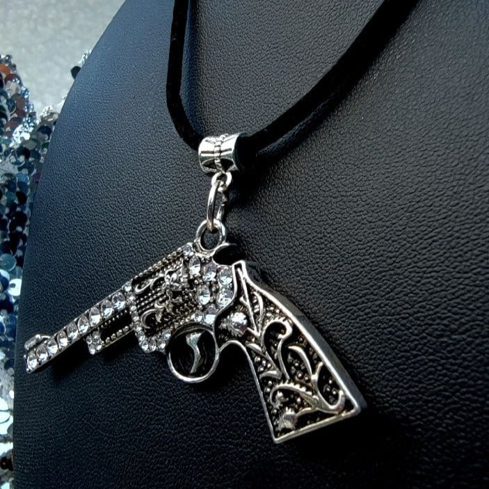 Antique Design Silver Revolver Rhinestone Necklace, Edgy & Glamorous Female Bond Style Pendant