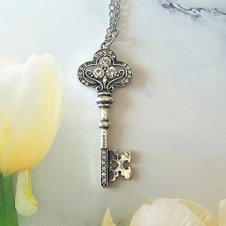 Silver Key Pendant Necklace, Rhinestone Skeleton Key Pendant, Daily Wear Heart Charm, Anniversary Present, Keepsake Love Token