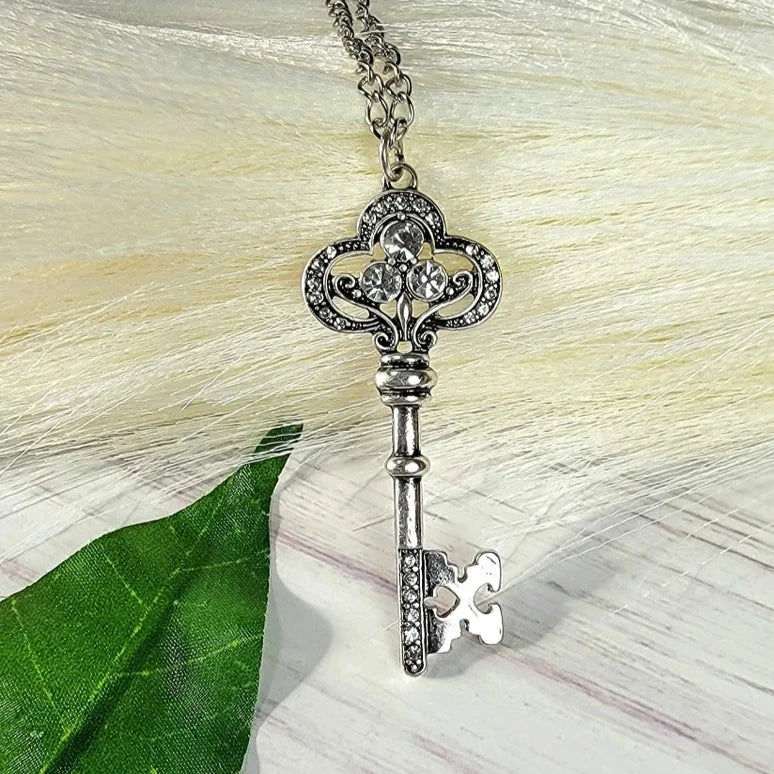 Silver Key Pendant Necklace, Rhinestone Skeleton Key Pendant, Daily Wear Heart Charm, Anniversary Present, Keepsake Love Token