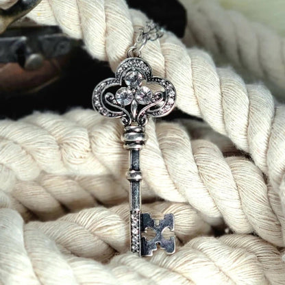 Silver Key Pendant Necklace, Rhinestone Skeleton Key Pendant, Daily Wear Heart Charm, Anniversary Present, Keepsake Love Token