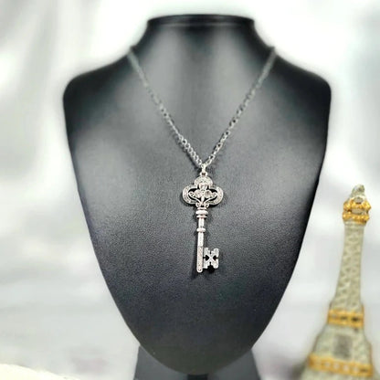 Silver Key Pendant Necklace, Rhinestone Skeleton Key Pendant, Daily Wear Heart Charm, Anniversary Present, Keepsake Love Token