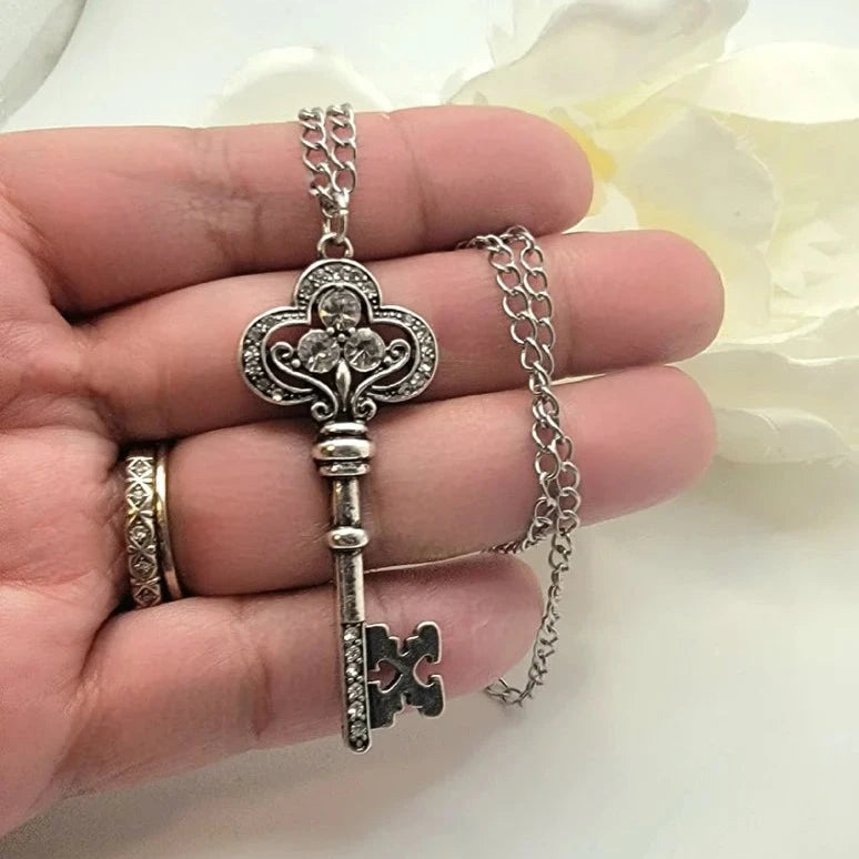 Silver Key Pendant Necklace, Rhinestone Skeleton Key Pendant, Daily Wear Heart Charm, Anniversary Present, Keepsake Love Token