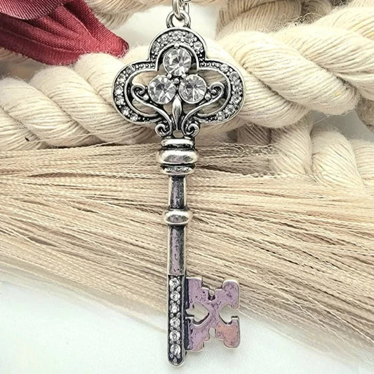 Silver Key Pendant Necklace, Rhinestone Skeleton Key Pendant, Daily Wear Heart Charm, Anniversary Present, Keepsake Love Token