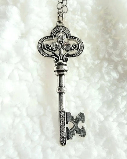 Silver Key Pendant Necklace, Rhinestone Skeleton Key Pendant, Daily Wear Heart Charm, Anniversary Present, Keepsake Love Token