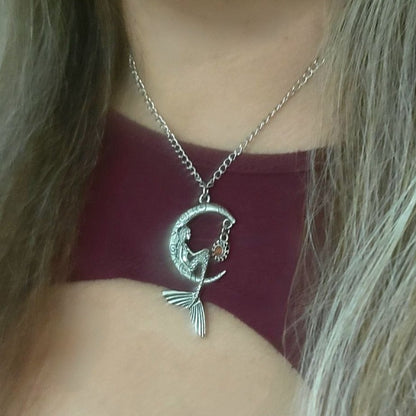 Mermaid Sitting on a Silver Crescent Moon Necklace