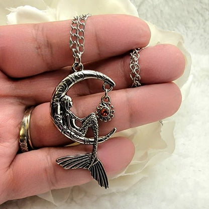 Mermaid Sitting on a Silver Crescent Moon Necklace