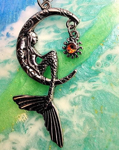 Mermaid Sitting on a Silver Crescent Moon Necklace