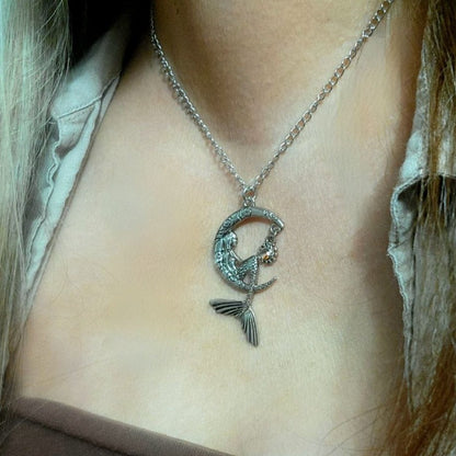 Mermaid Sitting on a Silver Crescent Moon Necklace