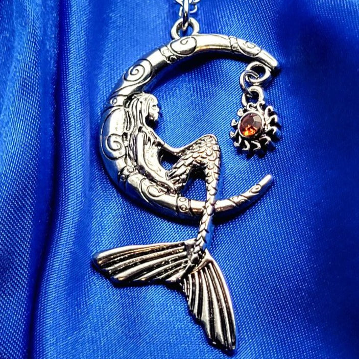 Mermaid Sitting on a Silver Crescent Moon Necklace