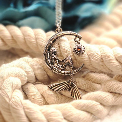 Mermaid Sitting on a Silver Crescent Moon Necklace