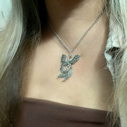 Dramatic Silver Phoenix Bird Necklace