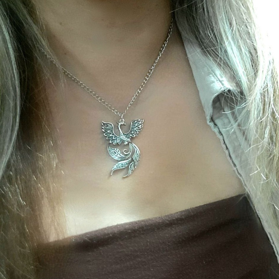 Dramatic Silver Phoenix Bird Necklace