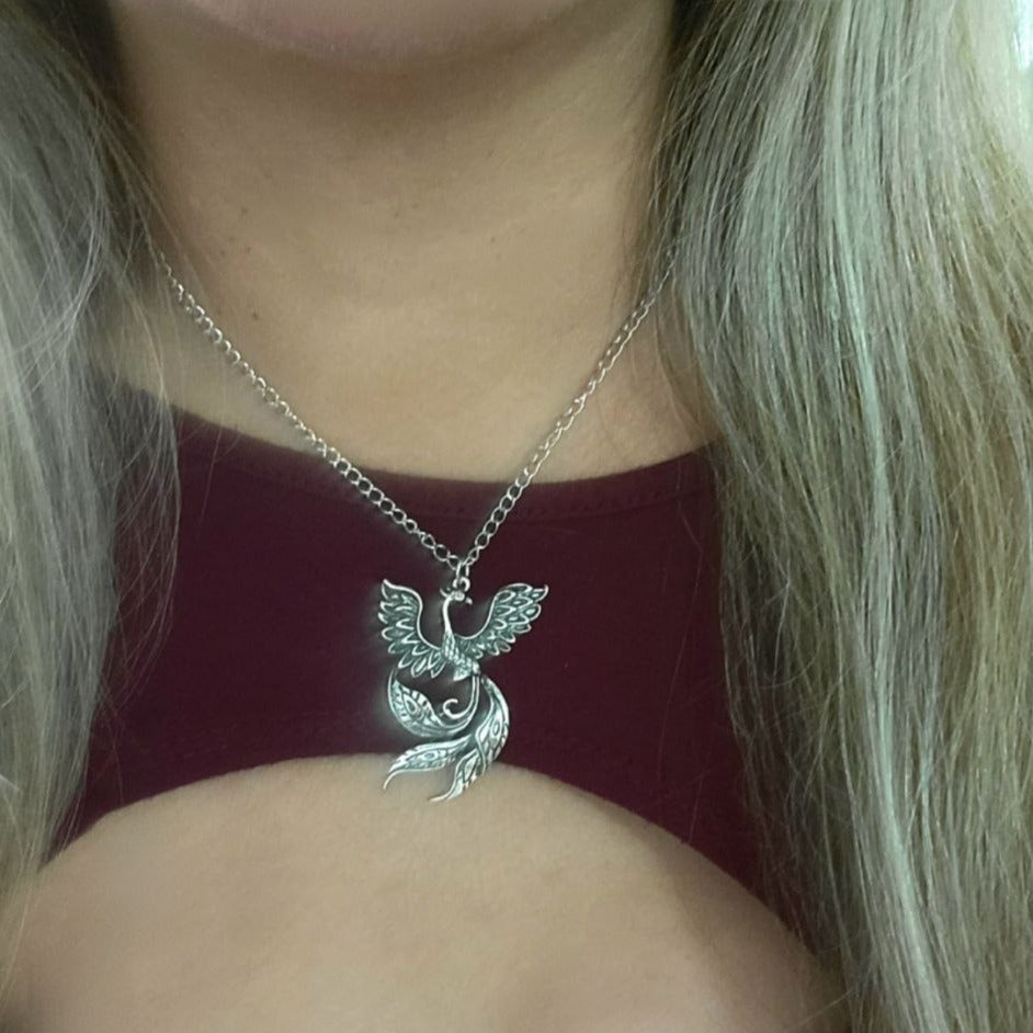 Dramatic Silver Phoenix Bird Necklace