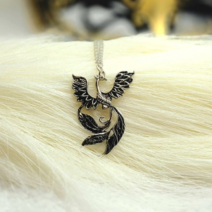 Dramatic Silver Phoenix Bird Necklace