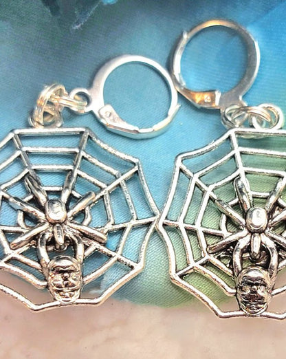 Silver Spider Drop Earring, Gothic-Themed Jewelry, Cobweb Dangle, Spooky Accessory, Whimsical Skull Head Drop