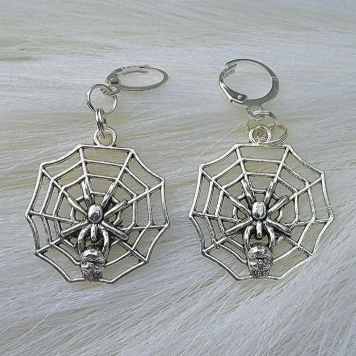 Silver Spider Drop Earring, Gothic-Themed Jewelry, Cobweb Dangle, Spooky Accessory, Whimsical Skull Head Drop