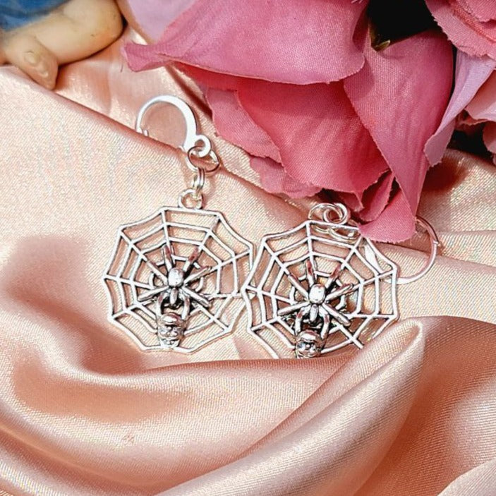 Silver Spider Drop Earring, Gothic-Themed Jewelry, Cobweb Dangle, Spooky Accessory, Whimsical Skull Head Drop