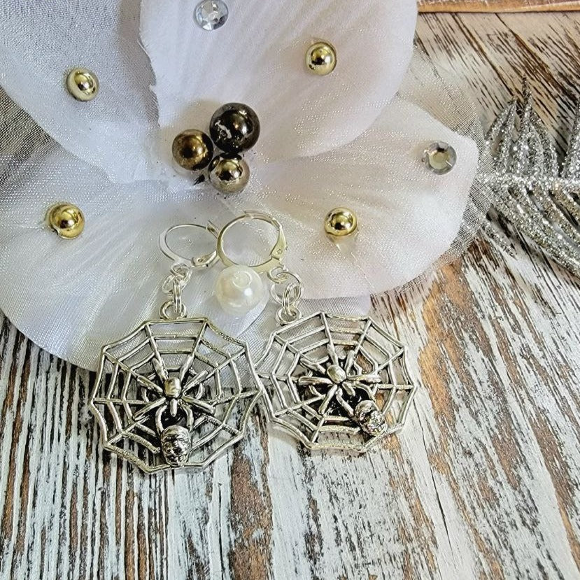 Silver Spider Drop Earring, Gothic-Themed Jewelry, Cobweb Dangle, Spooky Accessory, Whimsical Skull Head Drop