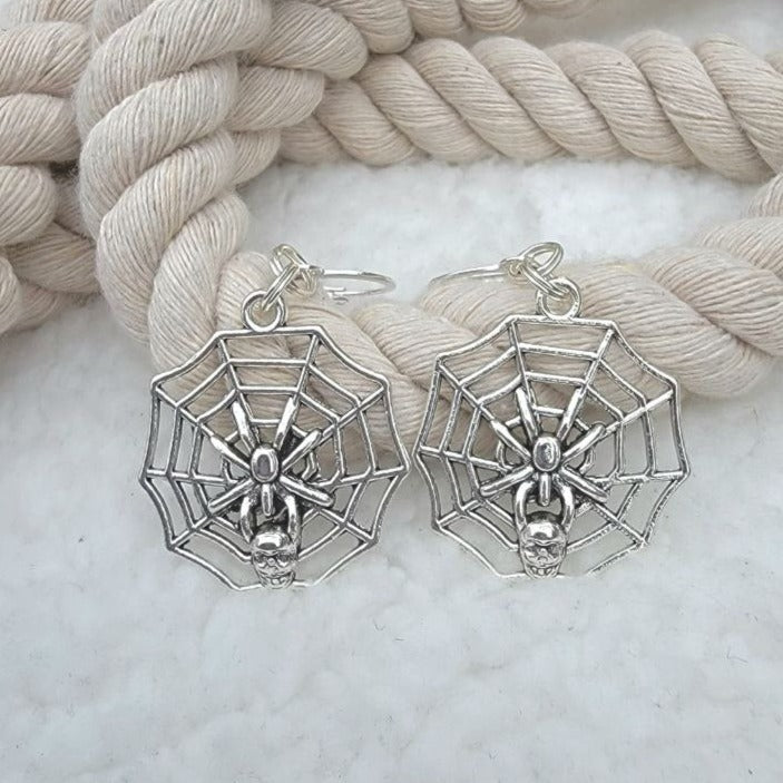 Silver Spider Drop Earring, Gothic-Themed Jewelry, Cobweb Dangle, Spooky Accessory, Whimsical Skull Head Drop