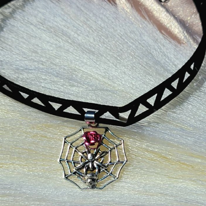 Silver Spider in Cobweb Choker, Skull Head Black Necklace, Halloween Silver Pendant,  Unisex Dark Fashion Jewelry