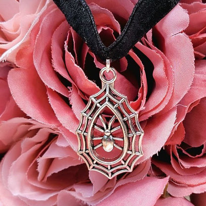 Silver Spider in Spiderweb Velvet Choker, Hauntingly Beautiful Necklace, Macabre Jewelry, Goth Elegant Pendant, Dark Fashion Trend