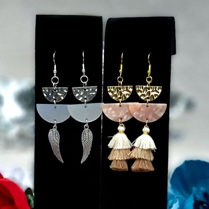 Silver Tassel and Angel Wing Earring, Versatile Gold Dangle for Multiple Occasions, Unique Two-Toned Pendant