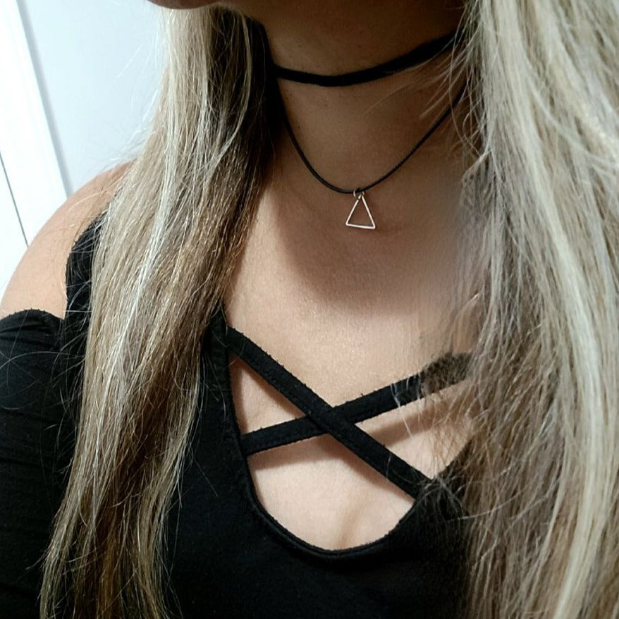 Mini Silver Thin Triangle on 2 Layered Choker, Simple Teen Necklace