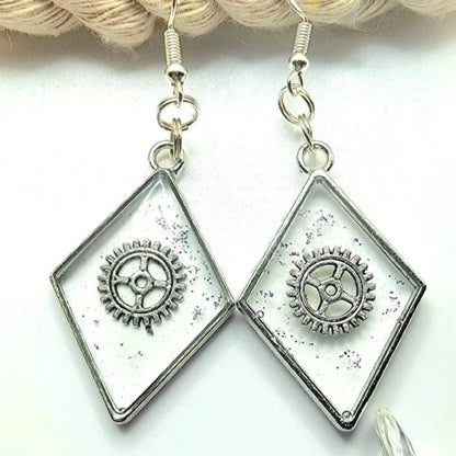 Pendientes de rueda y engranaje de plata con brillo, colgante inspirado en Steampunk, diseño victoriano de temática vintage, mezcla artística de diseño antiguo y nuevo