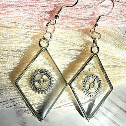 Steampunk Silver Wheel Earrings, Victorian-Inspired Shimmer Dangle with 925 Sterling Hooks