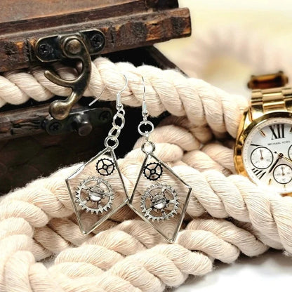 Steampunk Wheel and Cog Earrings, Diamond-Shaped Pendant, Historical Victorian Fashion Jewelry, Intricate Craftsmanship Accessory, Wearable Art