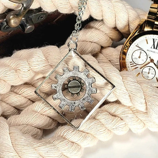 Diamond-Shaped Steampunk Necklace, Silver Speckled Cog Pendant, Elegant Timepiece Accessory