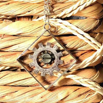 Diamond-Shaped Steampunk Necklace, Silver Speckled Cog Pendant, Elegant Timepiece Accessory