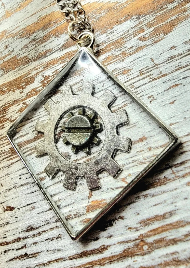 Diamond-Shaped Steampunk Necklace, Silver Speckled Cog Pendant, Elegant Timepiece Accessory