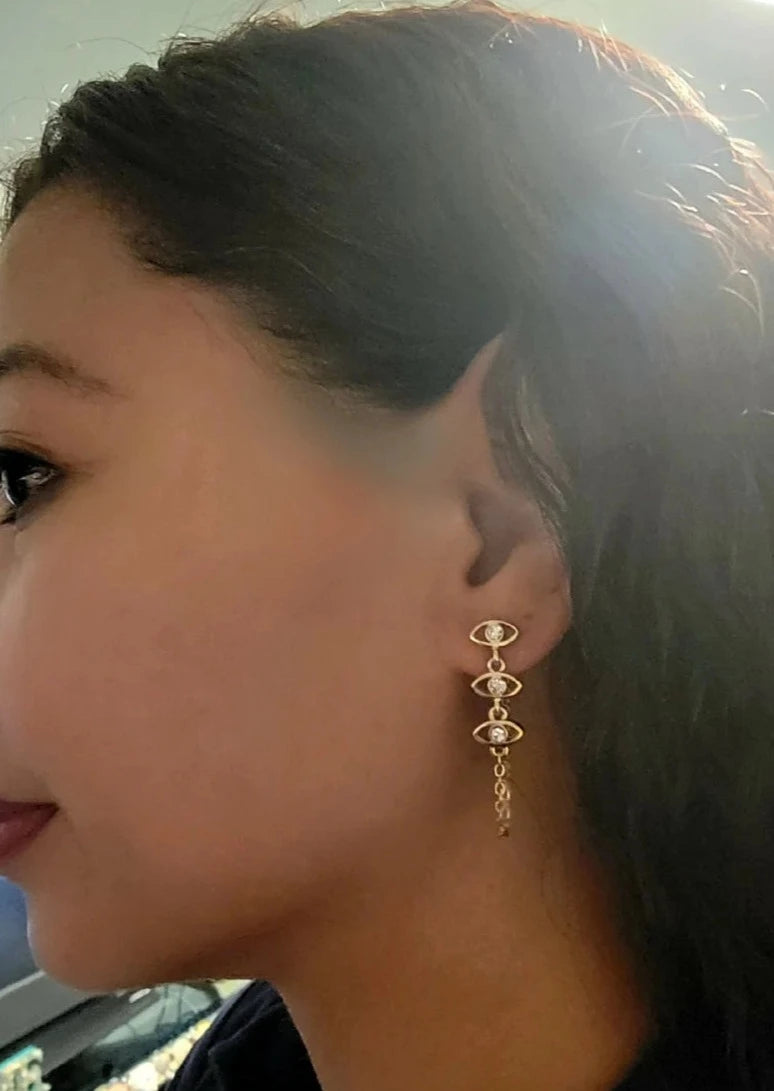 Gold Hoop Earrings w/ Evil Eye Charm, Protective Jewelry for Daily Wear, Spiritual Symbolism in Modern Jewelry