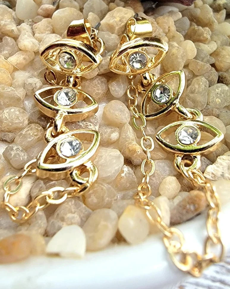 Gold Hoop Earrings w/ Evil Eye Charm, Protective Jewelry for Daily Wear, Spiritual Symbolism in Modern Jewelry