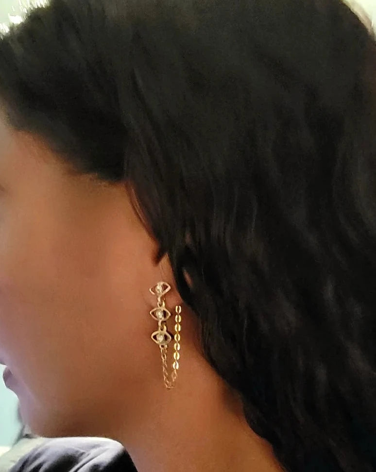 Gold Hoop Earrings w/ Evil Eye Charm, Protective Jewelry for Daily Wear, Spiritual Symbolism in Modern Jewelry