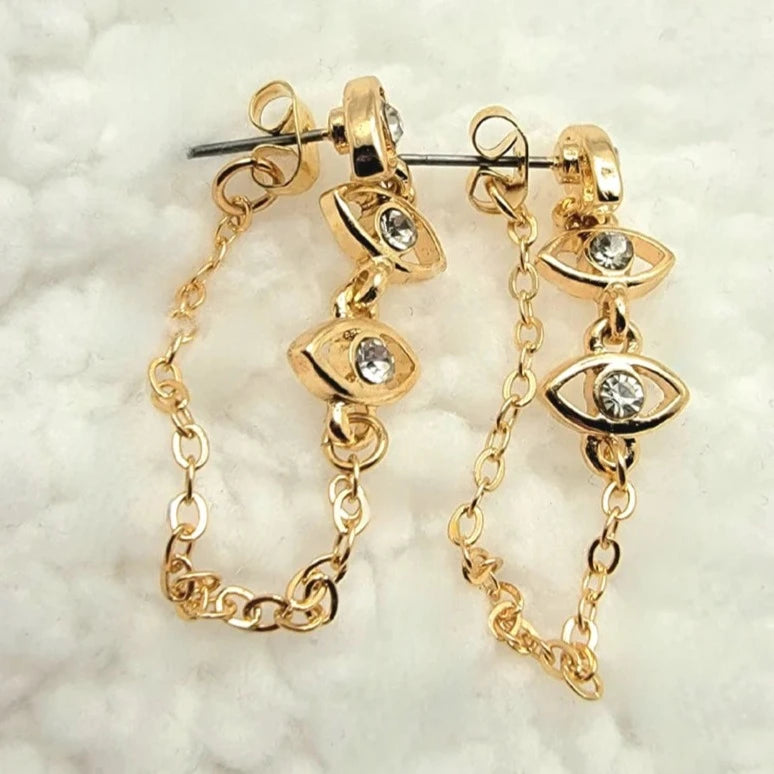 Gold Hoop Earrings w/ Evil Eye Charm, Protective Jewelry for Daily Wear, Spiritual Symbolism in Modern Jewelry