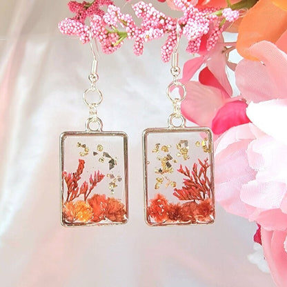 Fall themed Earrings, Orange Fern Dangle, Small Flower Buds in Silver Square Frame Pendants, Nature-Inspired Handmade Earrings, Peach & Orange Botanical Jewelry