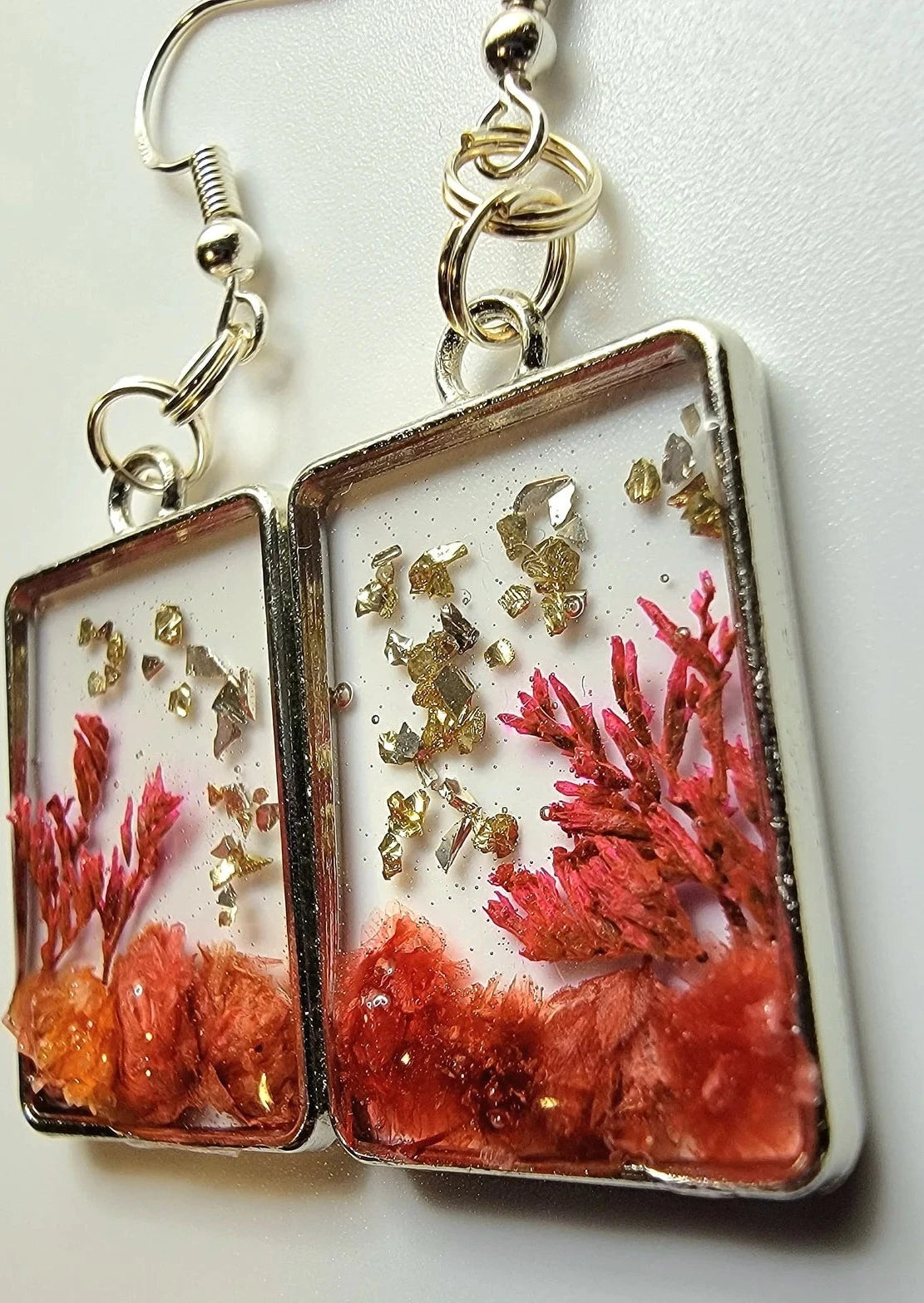 Fall themed Earrings, Orange Fern Dangle, Small Flower Buds in Silver Square Frame Pendants, Nature-Inspired Handmade Earrings, Peach & Orange Botanical Jewelry