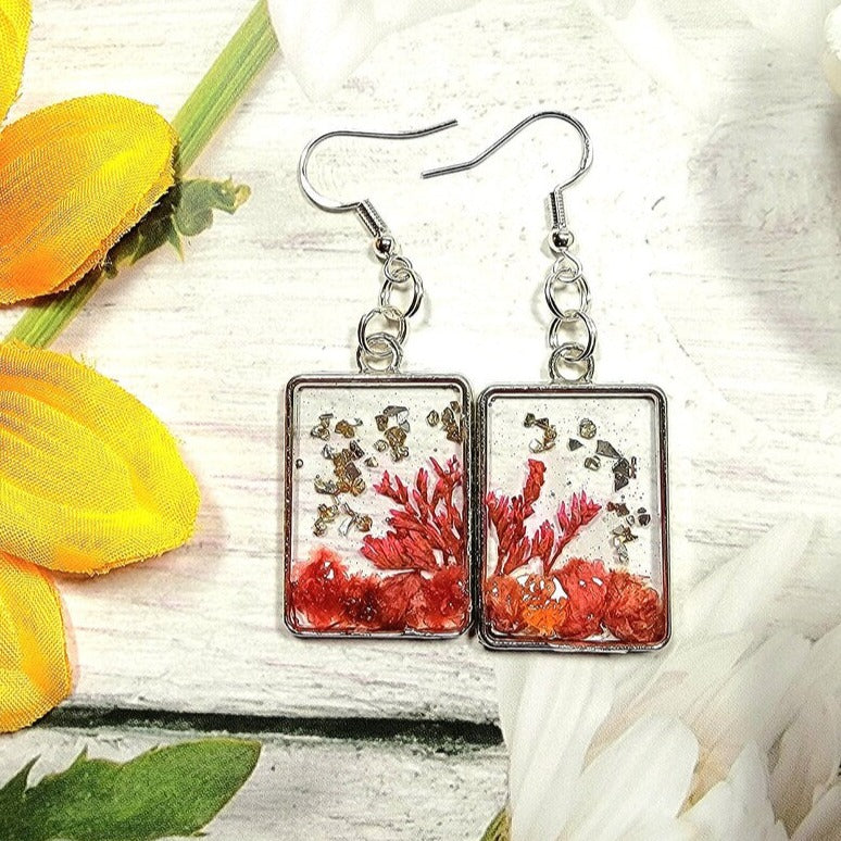 Fall themed Earrings, Orange Fern Dangle, Small Flower Buds in Silver Square Frame Pendants, Nature-Inspired Handmade Earrings, Peach & Orange Botanical Jewelry