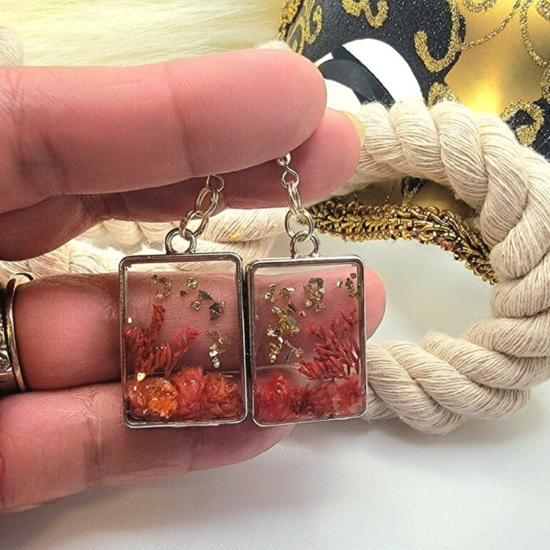 Fall themed Earrings, Orange Fern Dangle, Small Flower Buds in Silver Square Frame Pendants, Nature-Inspired Handmade Earrings, Peach & Orange Botanical Jewelry