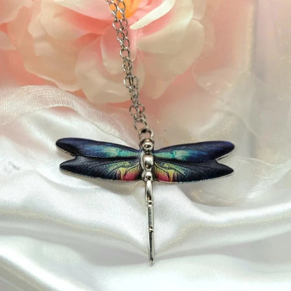 Small Silver Dragonfly Necklace with Blue & Turquoise Shades on Wings, Nature Themed Necklace, Bug Jewelry, Insect Necklace